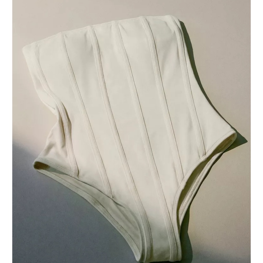 Zara Ecru Strapless Corset One-Piece Bathing suit with Removable Halter NWT